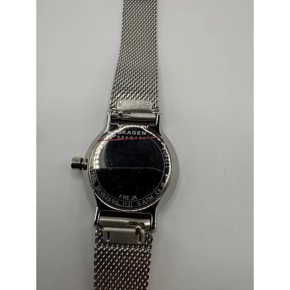 Skagen Denmark Women Watch Silver Mesh Bracelet Crystal Hour Markers Silver